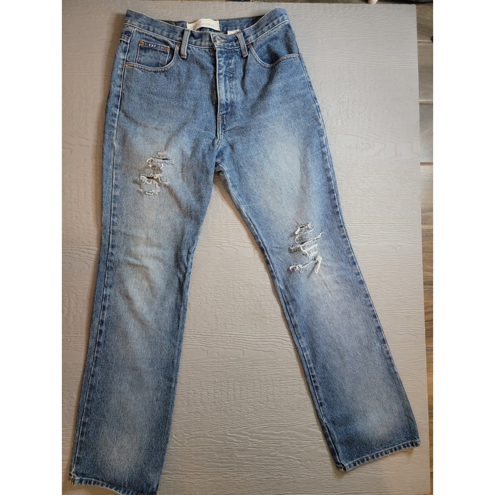 Express Bleus Vintage Distressed Bootcut Jeans Medium Wash High Rise 9/10L 28x32